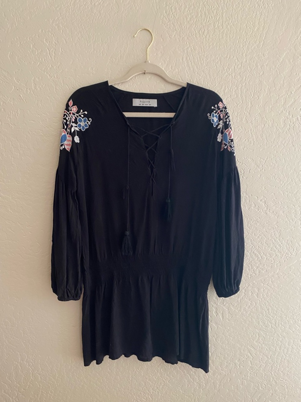 Black Embroidered Peasant Dress